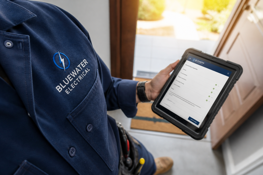 Electrician holding tablet with inspection checklist.