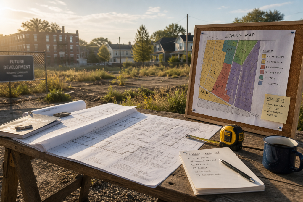 Architectural plans and zoning map at construction site.