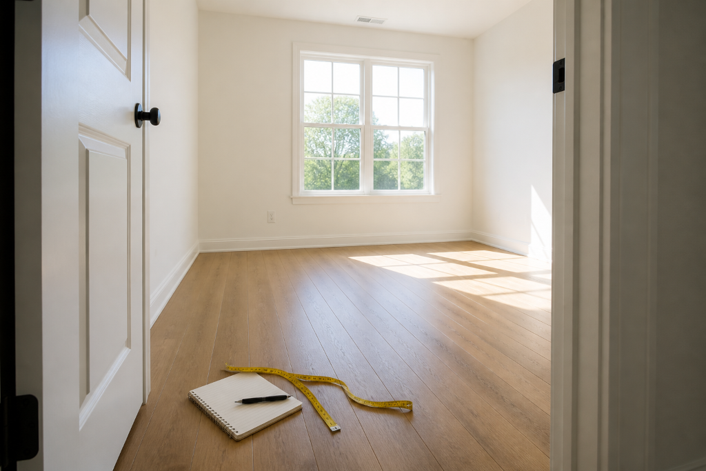 An empty sunlit room with notebook and tape measure.